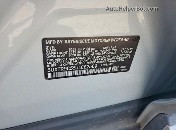 5UXTR9C55JLC82569 2018 BMW X3 Серебряный Вид наклейки с VIN-кодом
