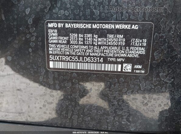 5UXTR9C55JLD63314 2018 BMW X3 Black Widok z tyłu