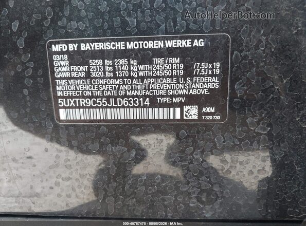 5UXTR9C55JLD63314 2018 BMW X3 Black Widok komory silnika