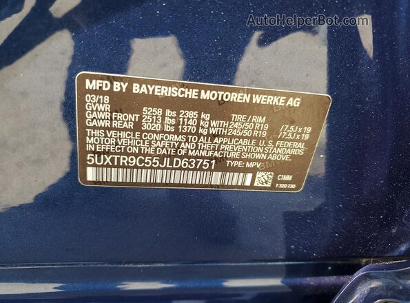 5UXTR9C55JLD63751 2018 BMW X3 Blue Vista interior de 360 grados