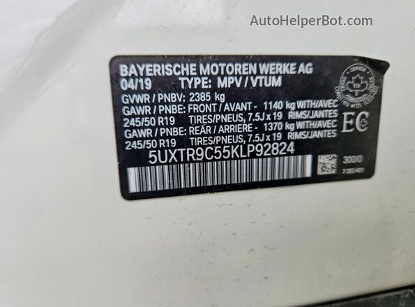 5UXTR9C55KLP92824 2019 BMW X3 White Vista de la etiqueta del VIN