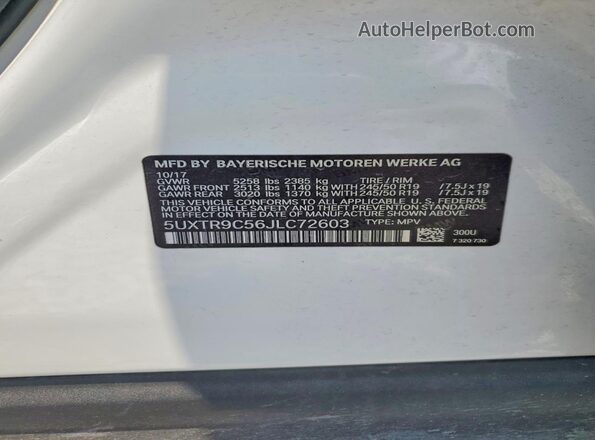 5UXTR9C56JLC72603 2018 BMW X3 White Вид наклейки з VIN-кодом