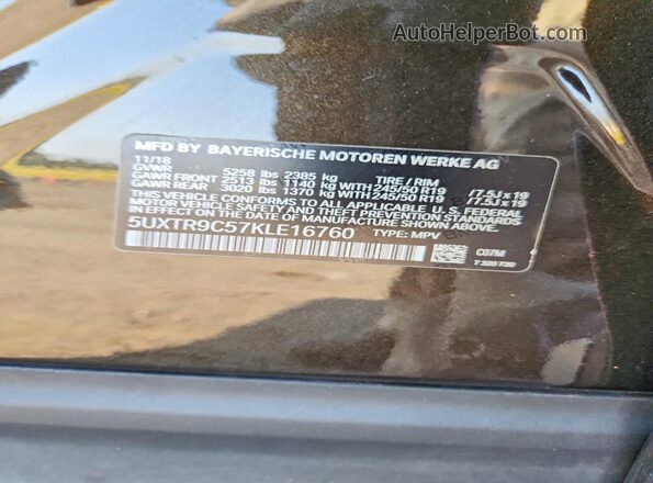 5UXTR9C57KLE16760 2019 BMW X3 Black VIN sticker view