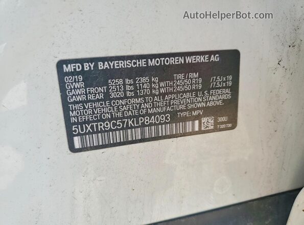 5UXTR9C57KLP84093 2019 BMW X3 White Widok naklejki z numerem VIN