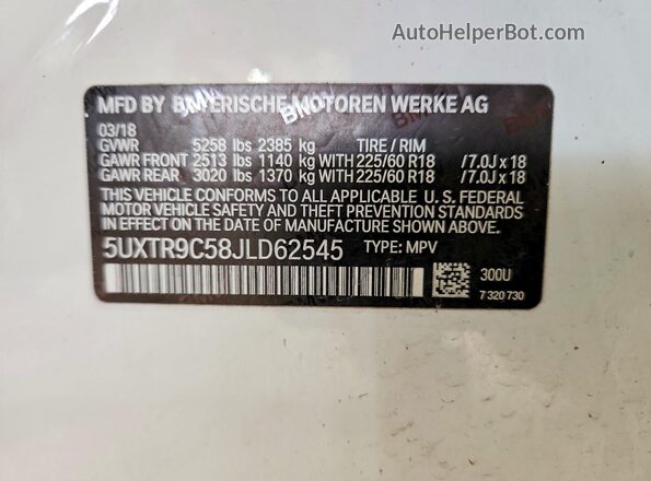 5UXTR9C58JLD62545 2018 BMW X3 White Панорамний вид салону 360°