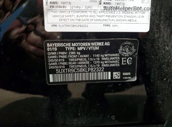 5UXTR9C58KLP82322 2019 BMW X3 Black VIN კოდის სტიკერის ხედი