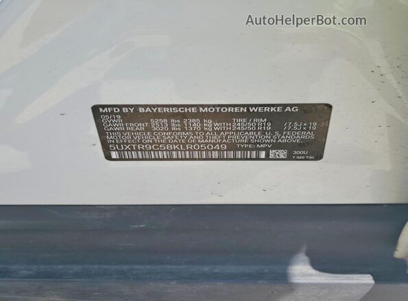 5UXTR9C58KLR05049 2019 BMW X3 White Панорамний вид салону 360°