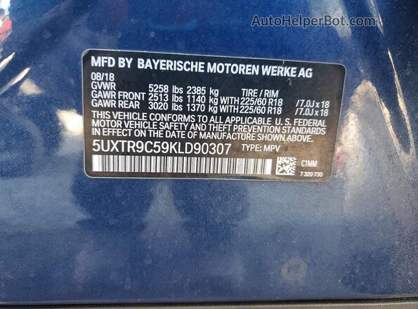 5UXTR9C59KLD90307 2019 BMW X3 Blue Widok naklejki z numerem VIN