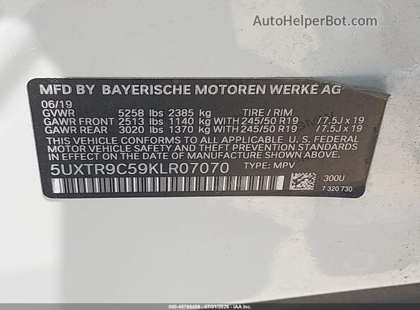5UXTR9C59KLR07070 2019 BMW X3 White Շարժիչի բաժամունքի տեսք