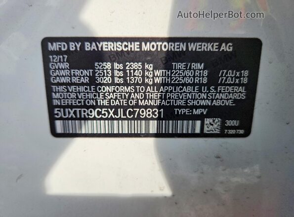 5UXTR9C5XJLC79831 2018 BMW X3 White Vista de la etiqueta del VIN