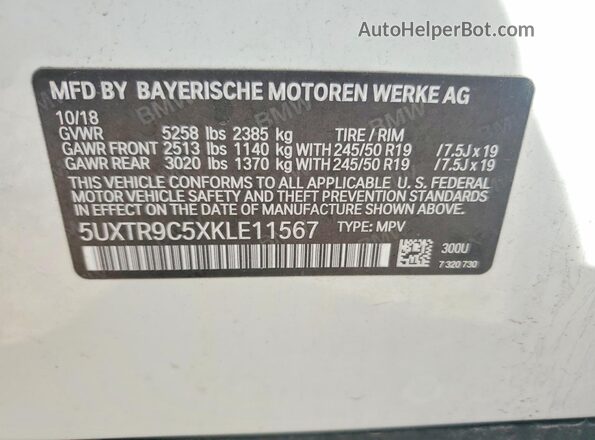 5UXTR9C5XKLE11567 2019 BMW X3 White Вид наклейки з VIN-кодом