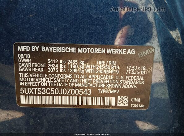 5UXTS3C50J0Z00543 2018 BMW X3 Blue Engine compartment view
