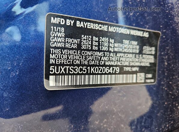 5UXTS3C51K0Z06479 2019 BMW X3 Blue VIN կոդի պիտակի տեսք