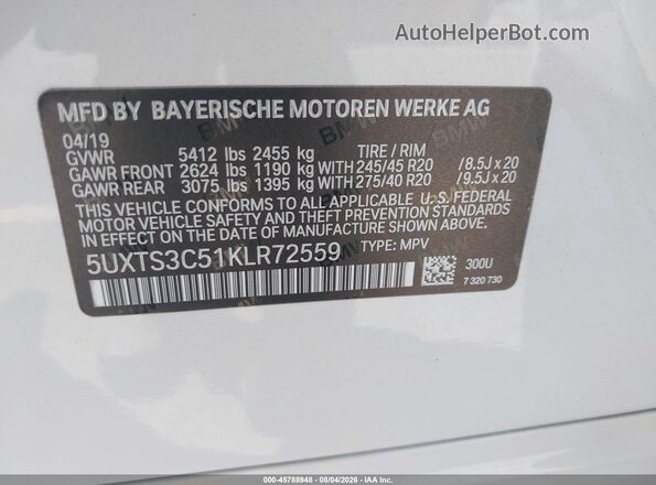 5UXTS3C51KLR72559 2019 BMW X3 White Engine compartment view
