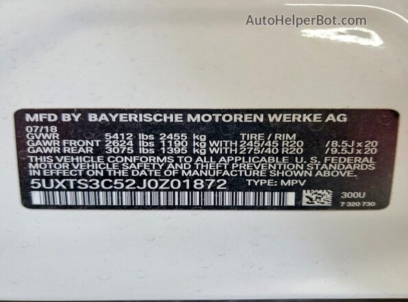 5UXTS3C52J0Z01872 2018 BMW X3 Белый Вид наклейки с VIN-кодом