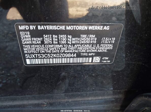 5UXTS3C52K0Z09844 2019 BMW X3 Black Вид підкапотного простору