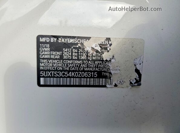 5UXTS3C54K0Z06315 2019 BMW X3 White VIN კოდის სტიკერის ხედი