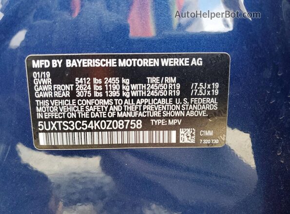 5UXTS3C54K0Z08758 2019 BMW X3 Blue VIN կոդի պիտակի տեսք