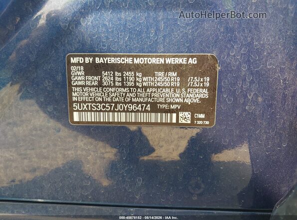 5UXTS3C57J0Y96474 2018 BMW X3 Blue Widok komory silnika
