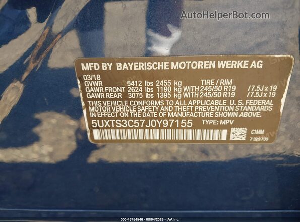 5UXTS3C57J0Y97155 2018 BMW X3 Blue Widok komory silnika