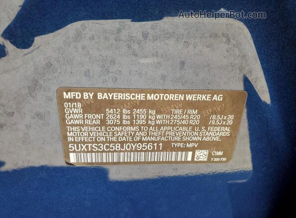 5UXTS3C58J0Y95611 2018 BMW X3 Blue VIN კოდის სტიკერის ხედი