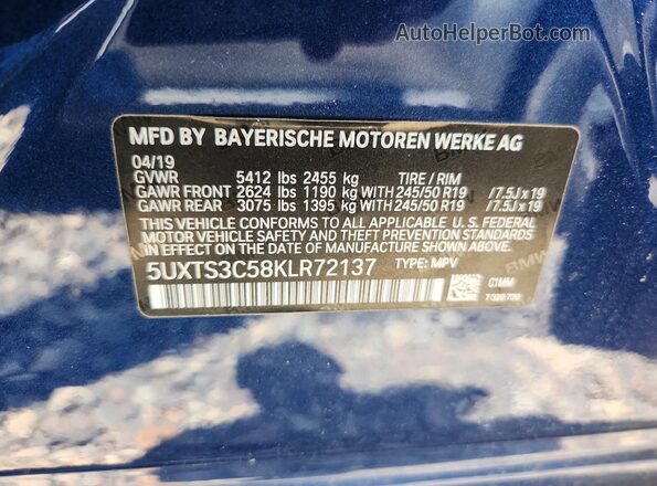 5UXTS3C58KLR72137 2019 BMW X3 Blue Vista del compartimento del motor