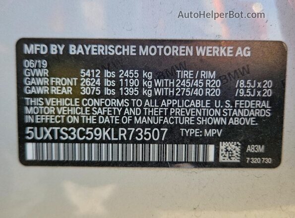 5UXTS3C59KLR73507 2019 BMW X3 Silver Vista interior de 360 grados