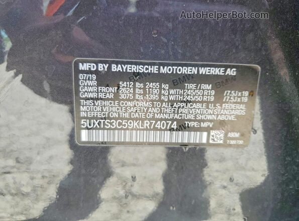 5UXTS3C59KLR74074 2019 BMW X3 Charcoal VIN sticker view