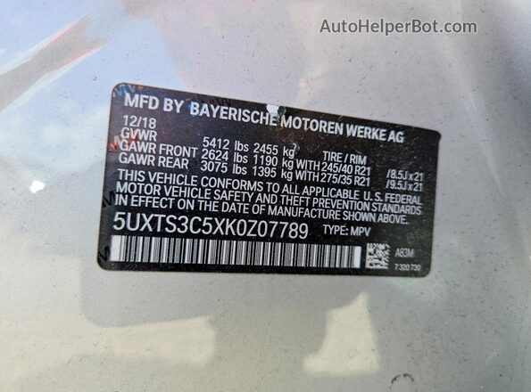 5UXTS3C5XK0Z07789 2019 BMW X3 Silver Вид наклейки з VIN-кодом