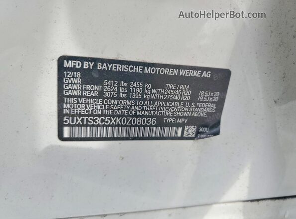 5UXTS3C5XK0Z08036 2019 BMW X3 White VIN sticker view