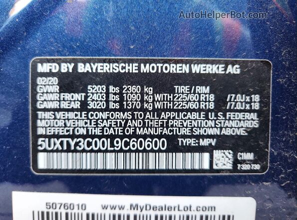 5UXTY3C00L9C60600 2020 BMW X3 Blue VIN კოდის სტიკერის ხედი