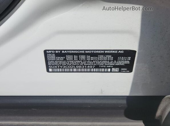 5UXTY3C02L9B31497 2020 BMW X3 White VIN կոդի պիտակի տեսք