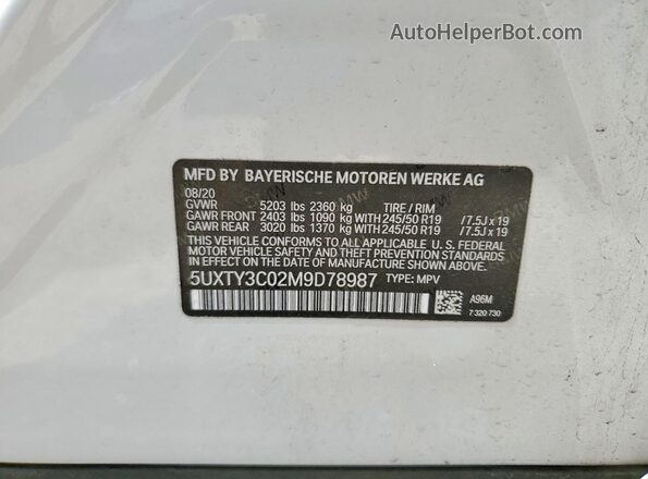 5UXTY3C02M9D78987 2021 BMW X3 White VIN კოდის სტიკერის ხედი