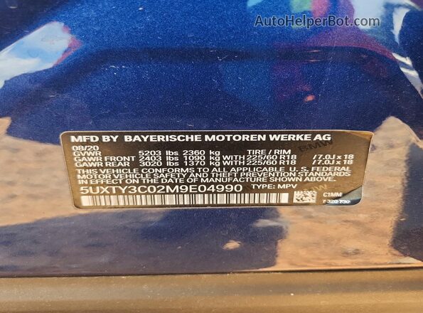 5UXTY3C02M9E04990 2021 BMW X3 Blue ძრავის განყოფილების ხედი