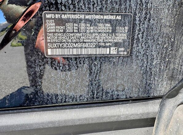 5UXTY3C02M9F68322 2021 BMW X3 Blue VIN կոդի պիտակի տեսք