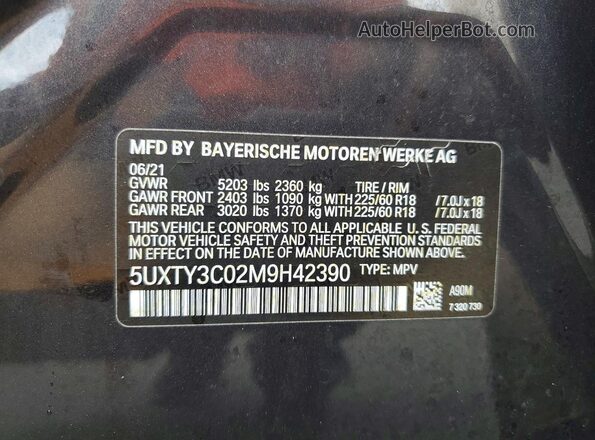 5UXTY3C02M9H42390 2021 BMW X3 Charcoal VIN կոդի պիտակի տեսք