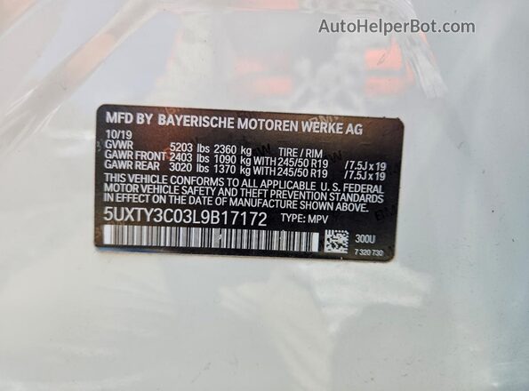5UXTY3C03L9B17172 2020 BMW X3 White Вид наклейки з VIN-кодом