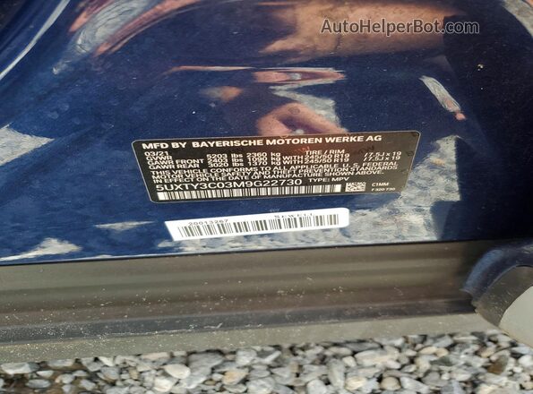 5UXTY3C03M9G22730 2021 BMW X3 Blue VIN կոդի պիտակի տեսք