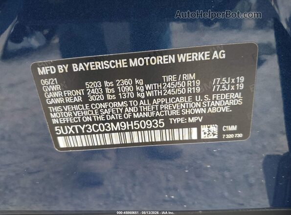 5UXTY3C03M9H50935 2021 BMW X3 Dark Blue Engine compartment view