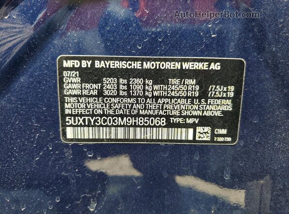 5UXTY3C03M9H85068 2021 BMW X3 Blue Vista de la etiqueta del VIN