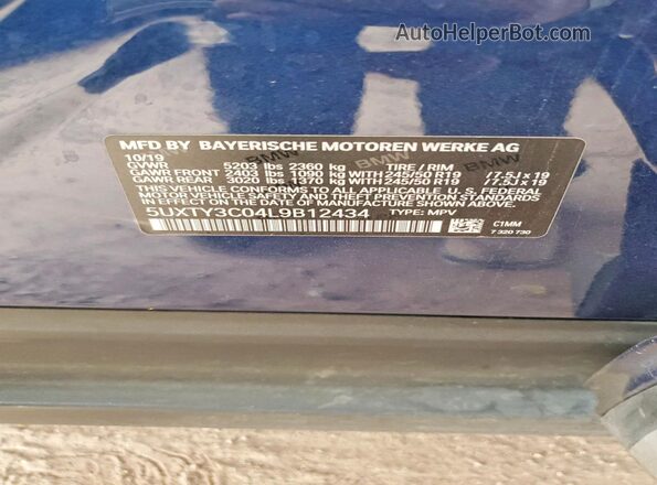 5UXTY3C04L9B12434 2020 BMW X3 Blue VIN sticker view