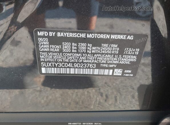 5UXTY3C04L9D23763 2020 BMW X3 Black ძრავის განყოფილების ხედი