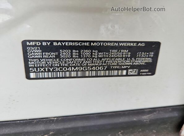 5UXTY3C04M9G54067 2021 BMW X3 Белый Вид наклейки с VIN-кодом