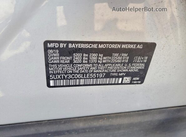 5UXTY3C06LLE55197 2020 BMW X3 Silver VIN sticker view