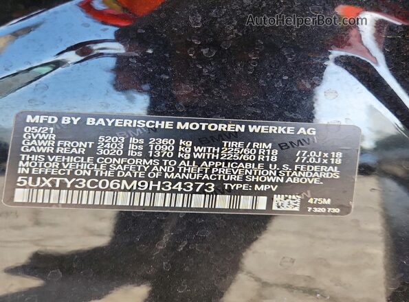 5UXTY3C06M9H34373 2021 BMW X3 Black VIN კოდის სტიკერის ხედი