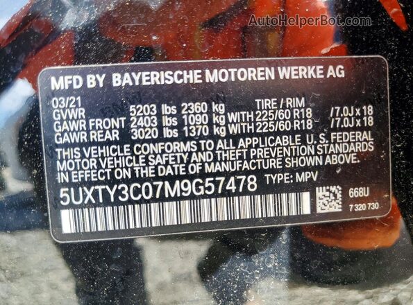 5UXTY3C07M9G57478 2021 BMW X3 Black Widok wnętrza 360 stopni