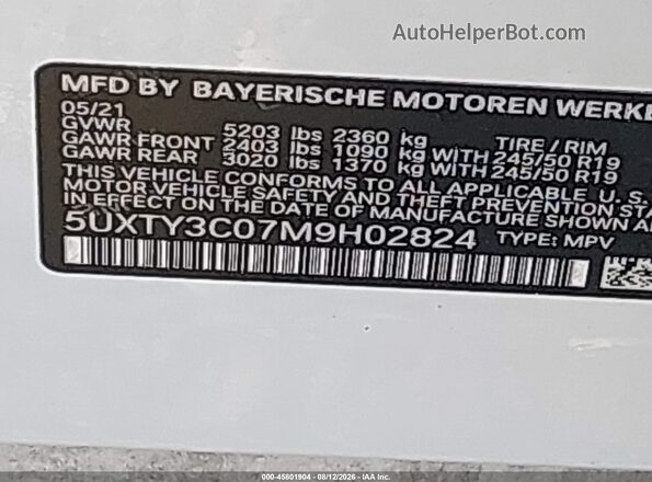 5UXTY3C07M9H02824 2021 BMW X3 White Вид підкапотного простору