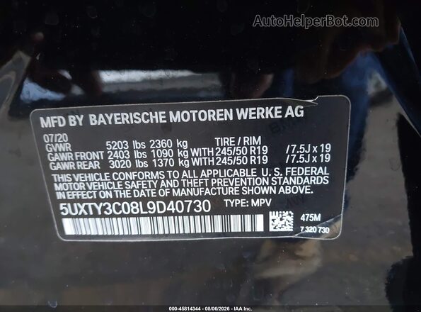 5UXTY3C08L9D40730 2020 BMW X3 Black Vista del compartimento del motor