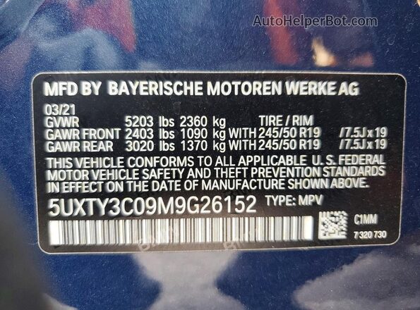 5UXTY3C09M9G26152 2021 BMW X3 Синий Панорамный вид салона 360°