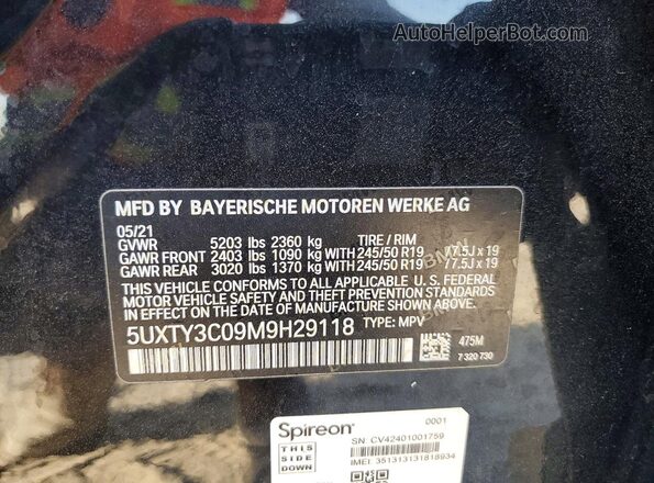 5UXTY3C09M9H29118 2021 BMW X3 Black Вид наклейки з VIN-кодом